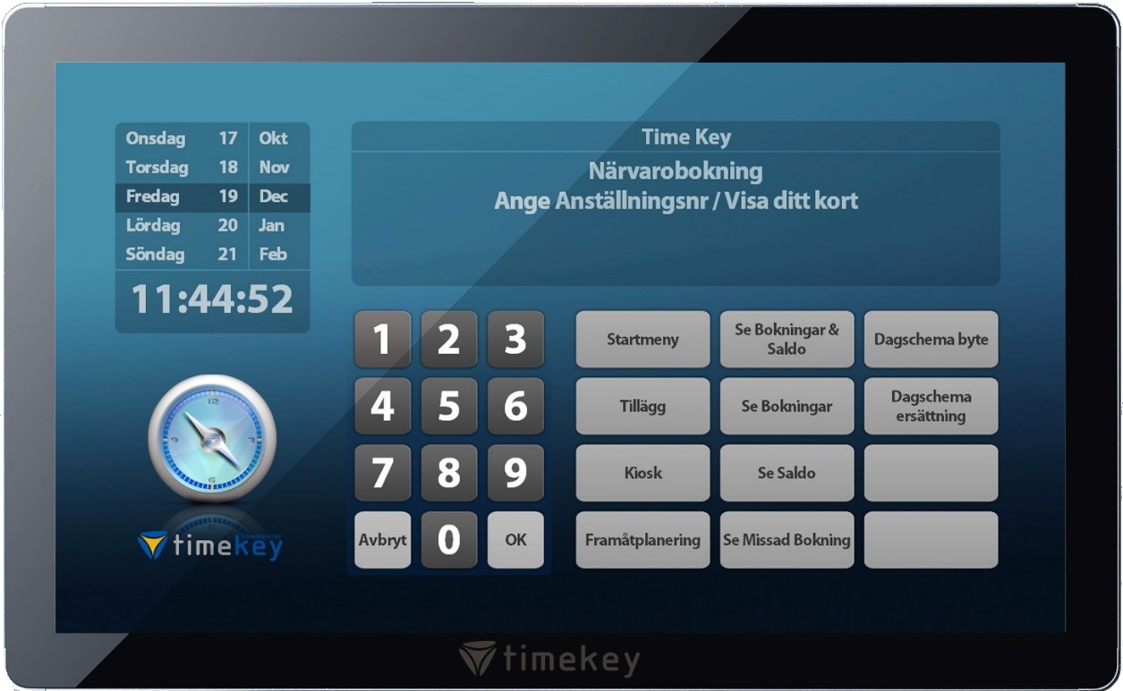 Time Key, peksk&auml;rm f&ouml;r bokning av n&auml;rvaro, fr&aring;nvaro, produktionstid